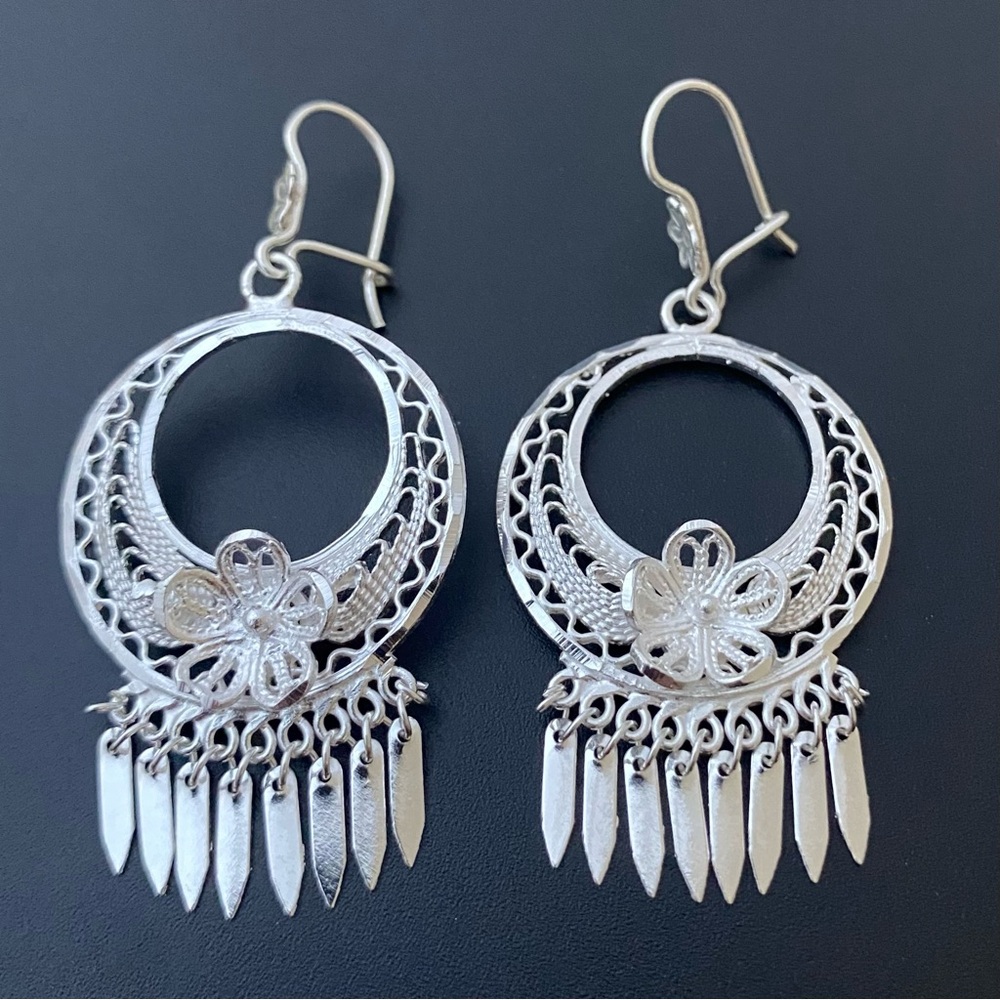 925 STERLING SILVER MEDIUM ROUND FOLKLORIC FILIGREE EARRINGS  From Mexico
